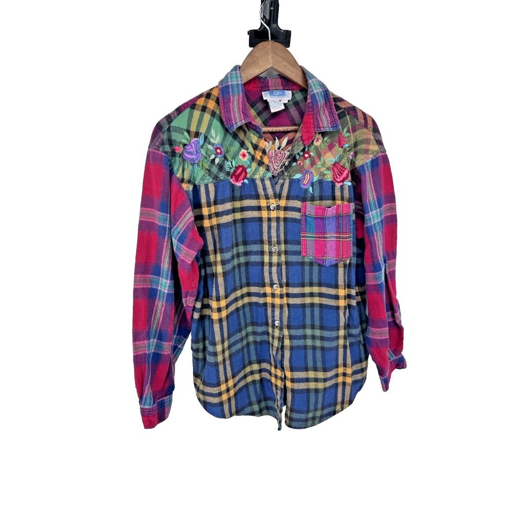 VTG Multicolor Plaid Flannel Shirt Floral Embroidered Boho Western Button Up L